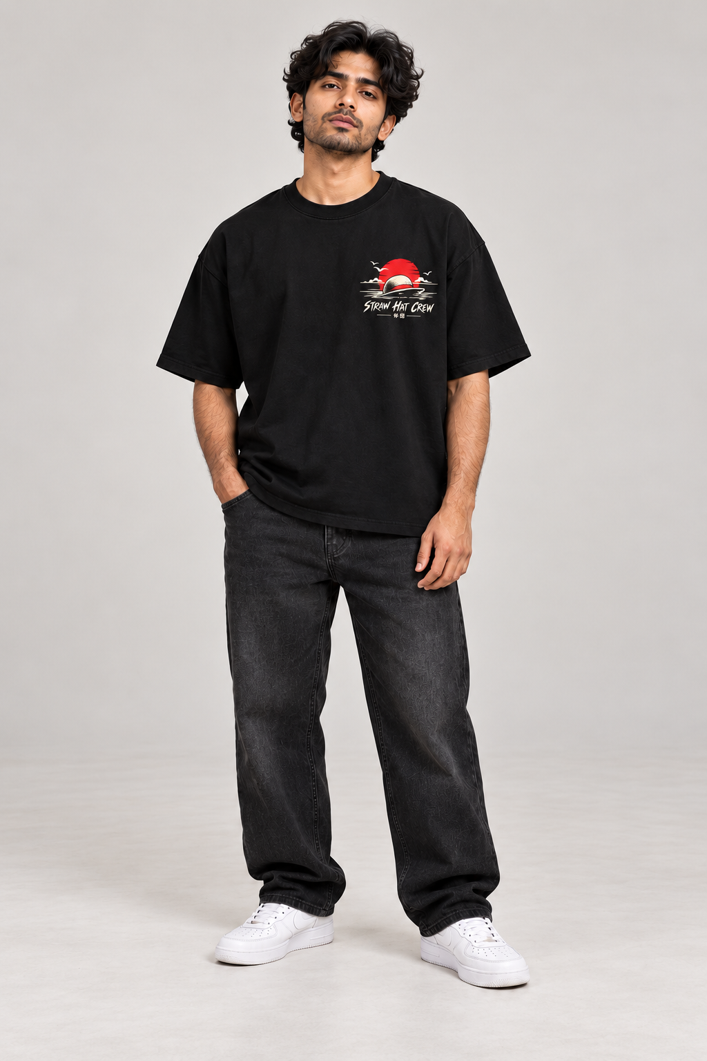 Straw Hat Crew black oversized T-shirt model mockup — front view