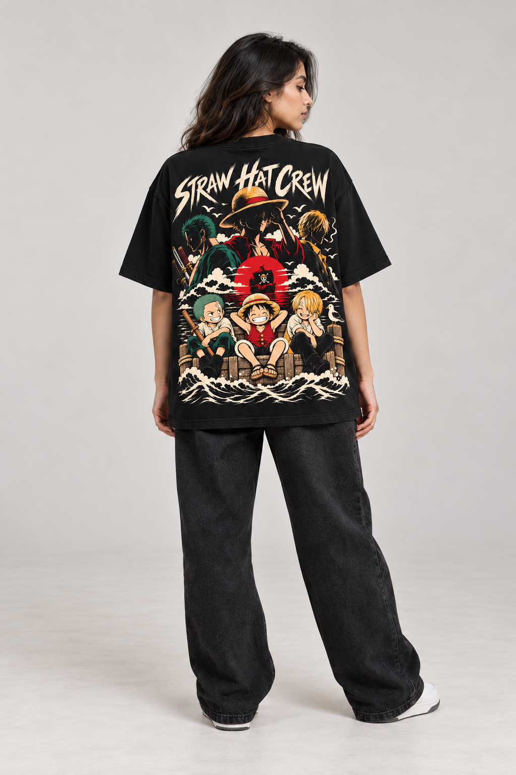 Straw Hat Crew black oversized T-shirt model mockup — back view