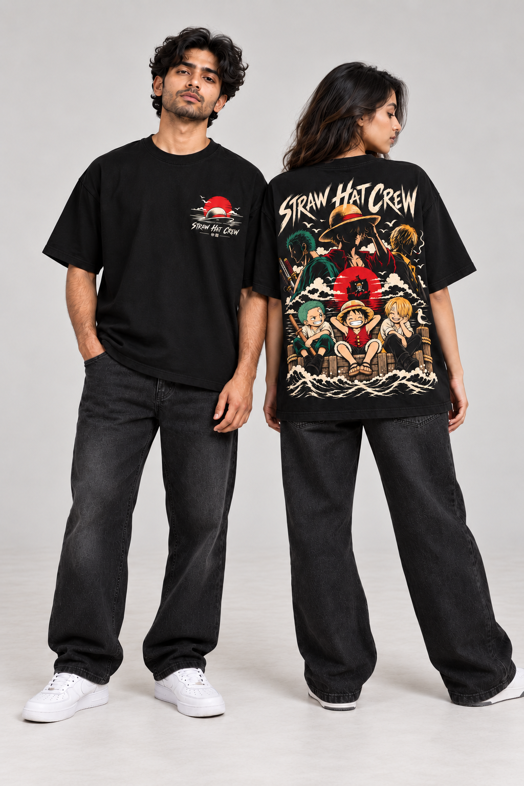 Straw Hat Crew black oversized T-shirt model mockup — together view