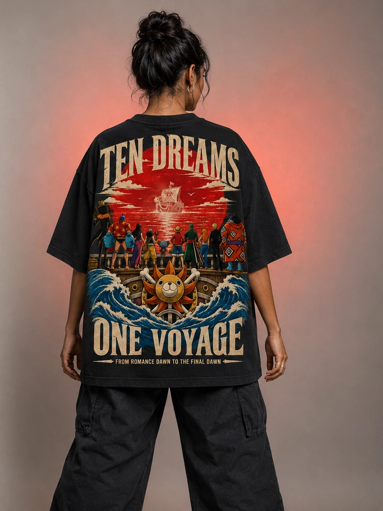 Ten Dreams, One Voyage black oversized T-shirt front and full-back mockup. — back view