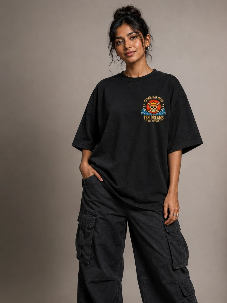 Ten Dreams, One Voyage black oversized T-shirt front and full-back mockup. — front view